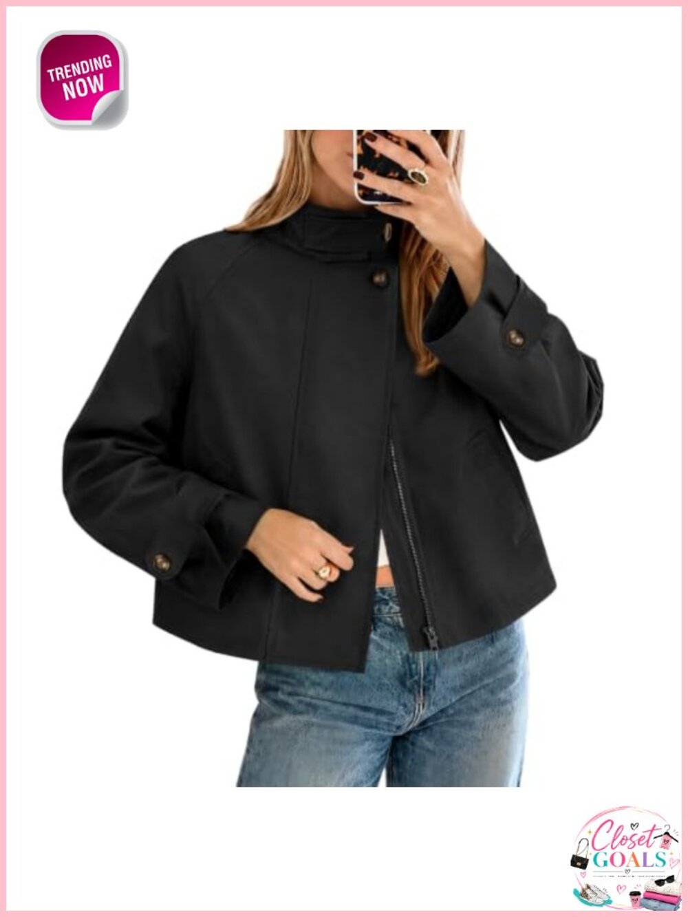 Women's Cropped Trench Coat Lightweight Funnel Neck Zip Jacket